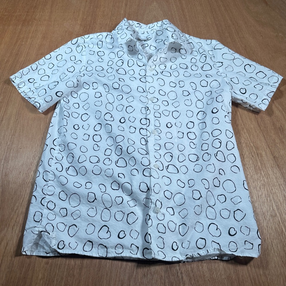 Calvin Klein Button Up Women Small White Black Circle Print Short Sleeve Shirt